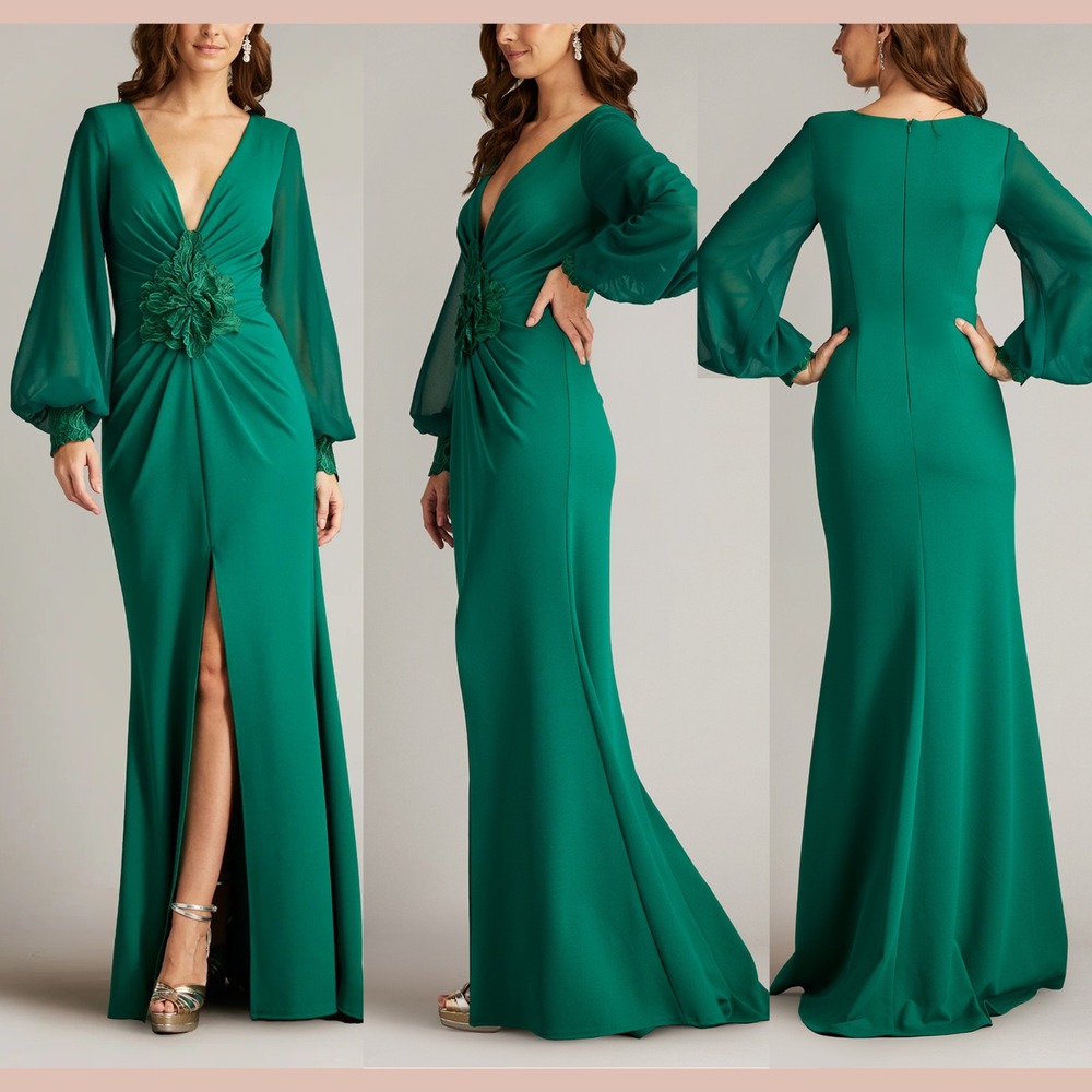 NWD $478 Tadashi Shoji [ Medium ] Sahana Bishop Sleeve Plunge Chiffon Gown S2080